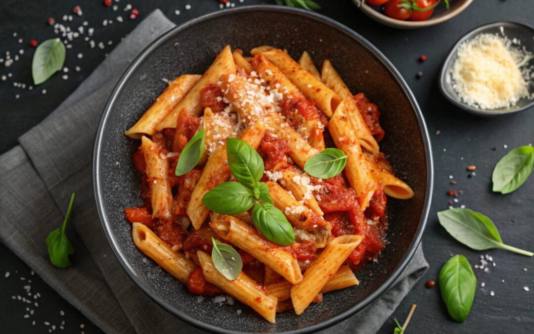 Przepis: Makaron penne z&nbsp;sosem na&nbsp;bazie pasty z&nbsp;suszonymi pomidorami i&nbsp;żurawiną oraz&nbsp;kaparami