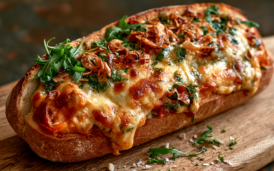 Przepis: Zapiekanka cheddar & rukola na&nbsp;paście ze&nbsp;słodkiej cebulki